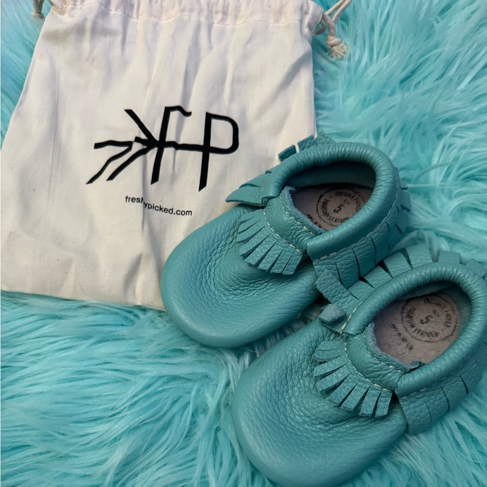 Freshly Picked Robin Egg Blue Moccasin Hard Sole Baby Shoes, 5